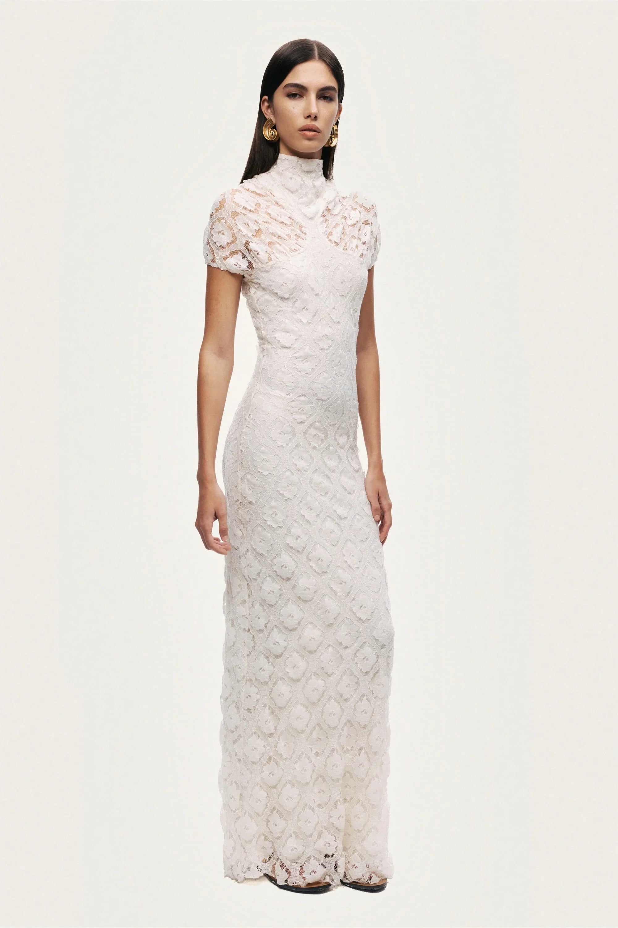 Lace High-Neck Maxi Dress in ivory