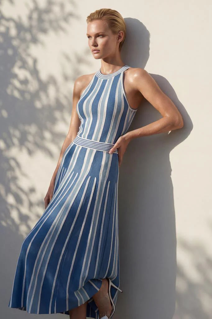 Striped Halter Midi Dress in blue and white