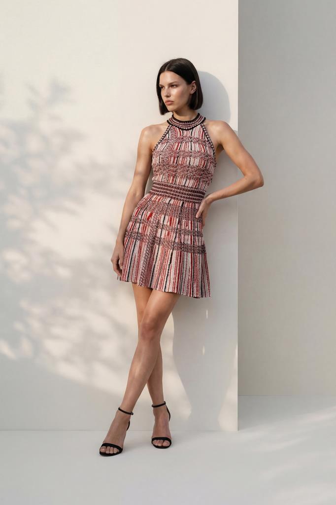 Knit Halter Mini Dress in coral pattern