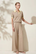Polo & Wide-Leg Trouser Set in beige
